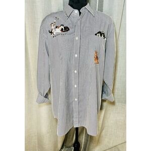 Vintage Cat Appliqué Striped Cotton Blend Button Up Long Sleeve Shirt Large